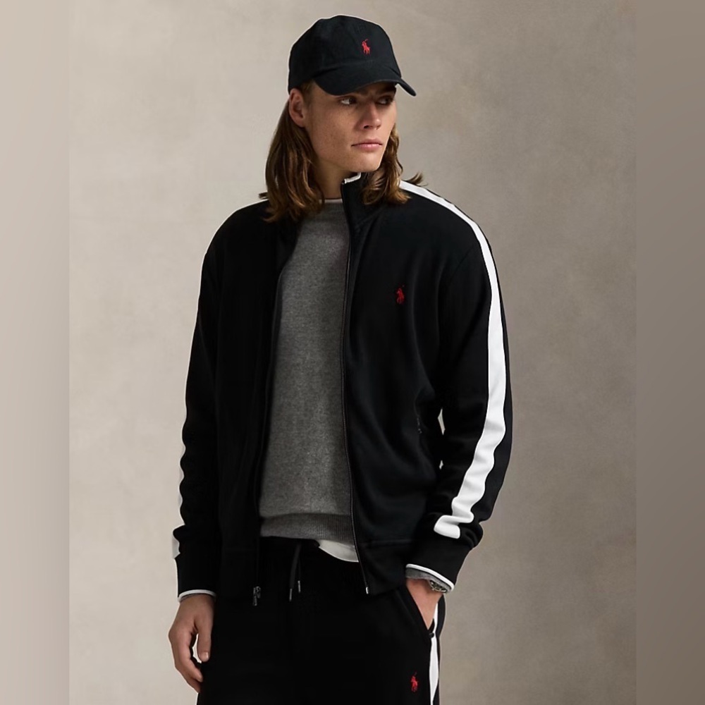 Polo Ralph Lauren Interlock Track Jacket Black White Stripe Mockneck Full Zip L
